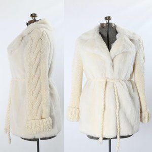 Vintage 1970s Cream Gray Faux Fur Chunky Knit Short Coat | Medium - Large